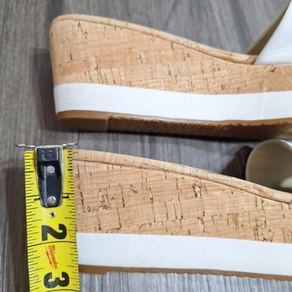 Michael Kors White Leather Cork Platform Wedge Slide Sandals Silver MK Logo 9M